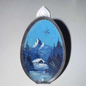 Hand Painted Decorative Metal Spoon Blue Silver Winter Scene Collectible